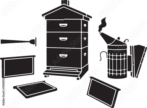 Beehive, beekeeping equipment, smoker, hive tools, vector icons