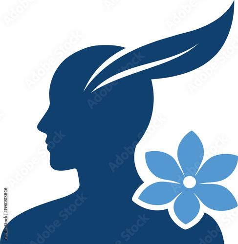 Blue silhouette woman head, floral hair decoration, vector icon, minimalist design