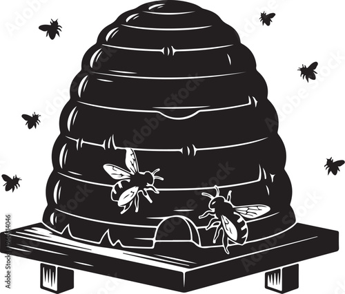 Black beehive icon, bee hive illustration, insect nest, apiary symbol