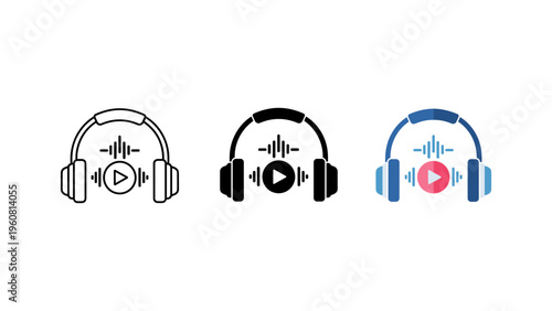 three music and audio headphone icons with play pause volume controls vector illustration