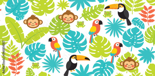 Colorful tropical jungle pattern with monkeys toucans and exotic leaves on white background