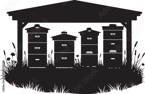 Beehive, apiary, insect house, black silhouette icons