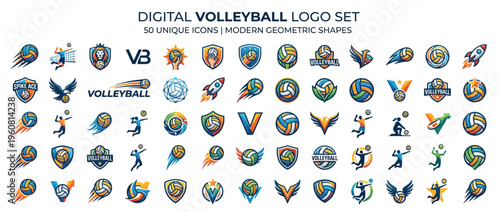 Digital volleyball logo set with icons.