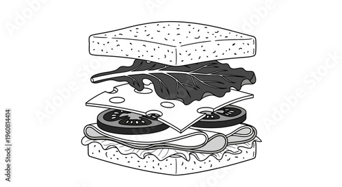 Delicious sandwich with fresh ingredients line art illustration.