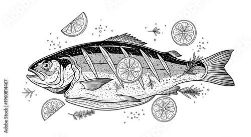 Grilled Fish with Lemon Slices and Herbs Hand Drawn Sketch