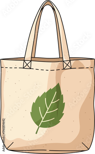 Canvas tote bag featuring a simple green leaf graphic symbolizes eco.