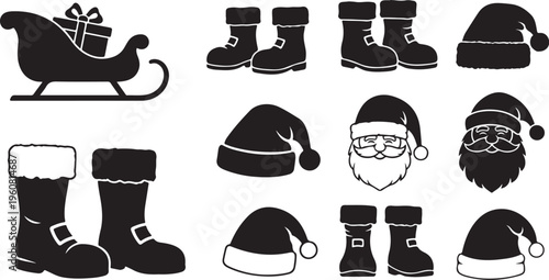 Christmas icons set with Santa hats and boots silhouette