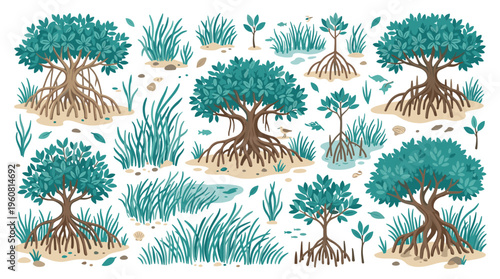 Mangrove ecosystem with diverse trees and lush green vegetation on sandy soil, showcasing intricate root systems and aquatic life, representing coastal conservation and biodiversity