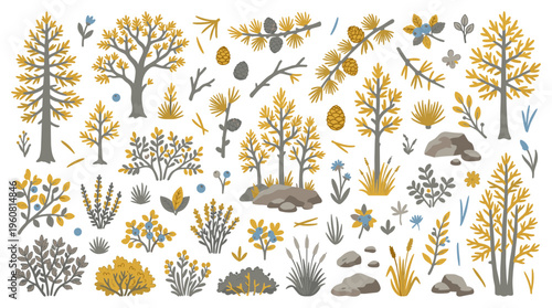 Autumn forest elements collection with trees bushes rocks and branches in yellow and grey colors for seasonal design
