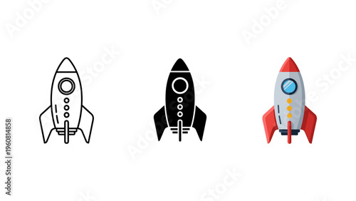 three cartoon rockets launching into space flat design vector illustration