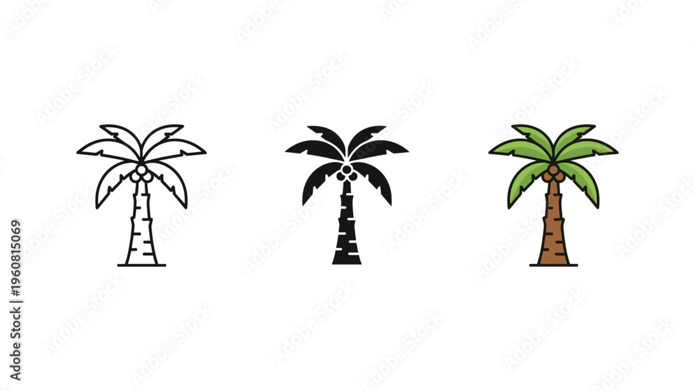 Obraz premium three palm trees in progressive detail flat design vector illustration