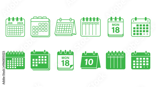 A collection of green calendar icons on a white background, representing organization and scheduling for business, education, or personal use.