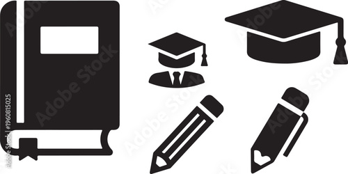 Education icons including book, graduation cap, and writing tools