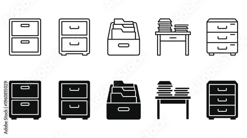 A collection of office furniture icons in black and white, featuring file cabinets, desks, and drawers, useful for business and workspace designs.