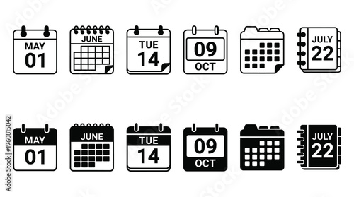 A collection of calendar icons in different styles and colors on a clean white background, useful for organization, planning, and scheduling concepts in business, education, or lifestyle contexts.