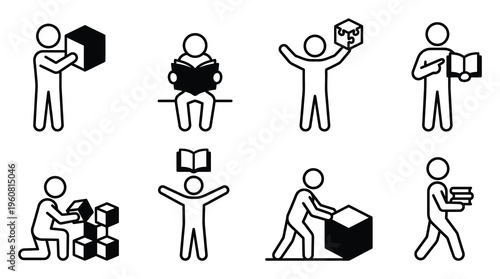 A set of stick figures engaged in different activities such as lifting, carrying, and handling boxes and books, conveying themes of work, organization, and learning.