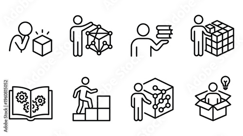 a set of line icons depicting business concepts and problem solving strategies, including teamwork, creativity, and innovation, useful for marketing, advertising, and educational materials