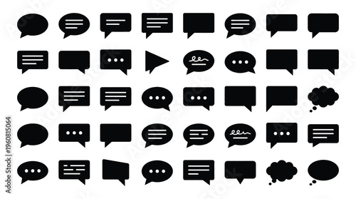A set of various black chat and speech bubbles on a clean white background, ideal for use in digital communication, web design, and social media graphics.