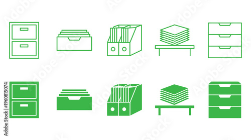 A collection of green icons representing office supplies and file organization, including file cabinets, binders, and stacks of paper, useful for business and productivity concepts.
