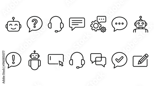 A set of line style icons representing chatbot, customer service and support concepts, including robots, speech bubbles, headphones and checkmarks, useful for websites, apps and marketing materials.