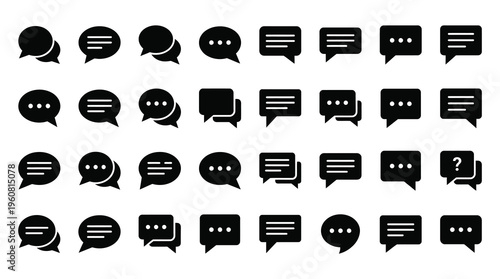 A set of various black chat and speech bubbles icons on a clean white background, ideal for use in digital communication, web design, and mobile app development.