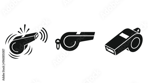 A set of three black and white illustrations of whistles, one with sound waves, on a plain white background. Ideal for use in educational, sports or business contexts.