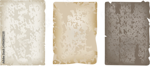 A trio of aged parchment papers with varying degrees of wear and tear