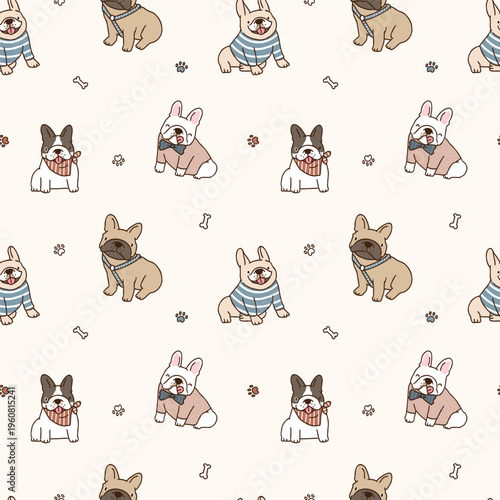 Seamless Pattern with Cartoon French Bulldog Design on Light Beige Color Background. Hand Drawn Vector Illustration.