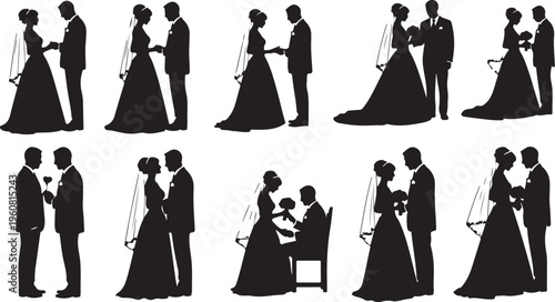 Silhouettes of romantic couples in various wedding poses together