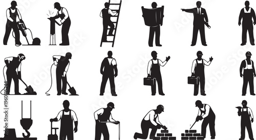 Construction workers in various poses and actions silhouette set