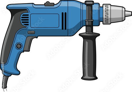 Powerful blue rotary power drill tool illustration ready for construction.