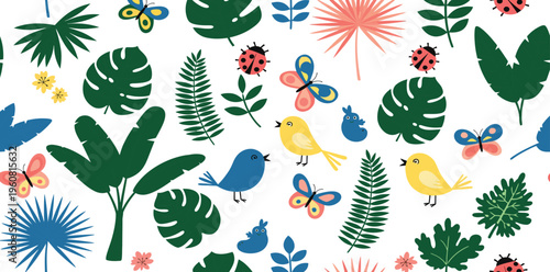Colorful illustration of tropical leaves birds butterflies and flowers on white background