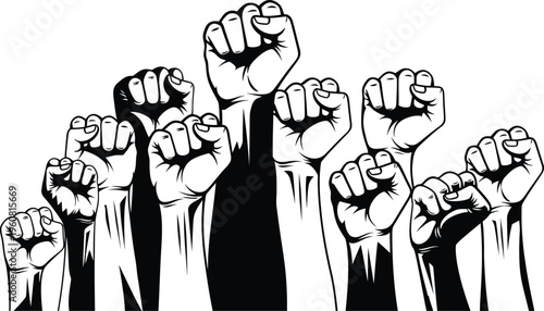 Vector graphic illustration showing a multitude of raised clenched fists symbolizing protest power resistance unity and social justice movements