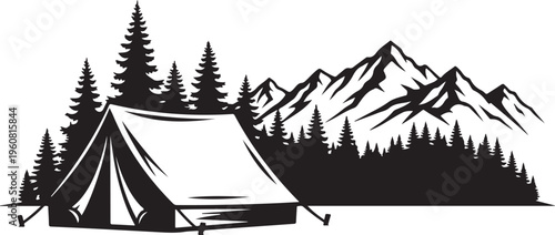 Camping in the mountains with a tent and trees