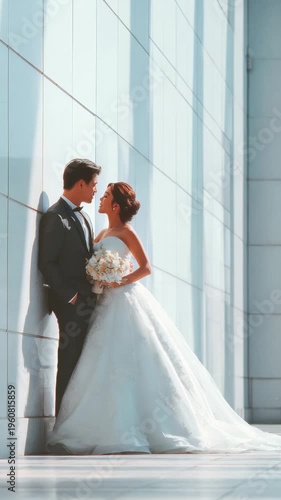 Newlyweds in formal attire stand close, radiating love and intimacy in a bright, contemporary setting. The bride holds a bouquet, while the groom gently leans in, highlighting their special day