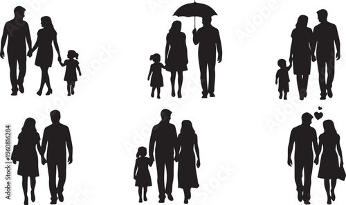 Silhouettes of happy families and couples walking together