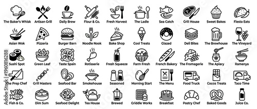 Black and white line icons of food and drink.