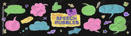 Speech bubble sticker dialogue box bundle kit. Set of colorful comic sheet torn with scribble talking balloons, message label. Scrapbook paper piece idea crafts for collage on like transparent png bg