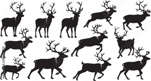 Collection of deer silhouettes in various running positions