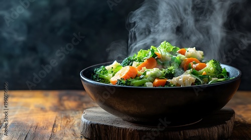 Healthy steamed vegetables with carrots and broccoli in a rustic bowl on table