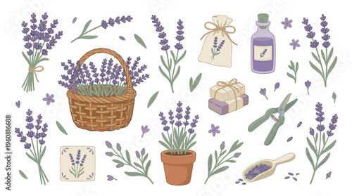 Charming lavender collection with basket, soap, oil, and gardening tools, evoking natural beauty and aromatherapy