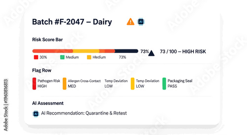 AI Food Safety Monitoring Dashboard Displaying High Risk Assessment and Pathogen Alerts for Dairy Batch