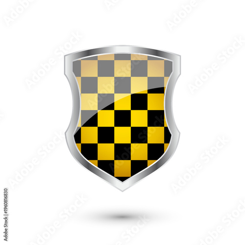 Glossy shield with yellow and black pattern. Security and protection concept. Cyber safety icons, internet privacy, web defense, digital data protection and antivirus themes. Vector illustration