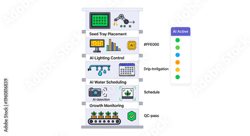 Smart AI-driven indoor farming system infographic illustrating automated seed placement, lighting, irrigation, growth monitoring, and quality control processes.
