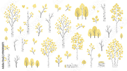 Collection of stylized birch trees and branches with yellow leaves, isolated on white background, representing autumn forest elements and nature design assets