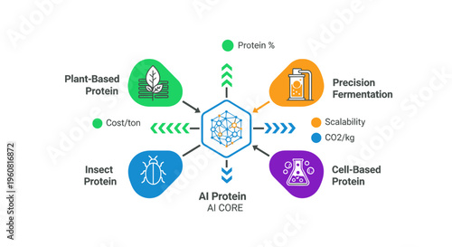 AI Protein Core Technology Diagram for Sustainable Food Sources showing Plant-Based, Insect, Cell-Based, and Precision Fermentation Protein Production