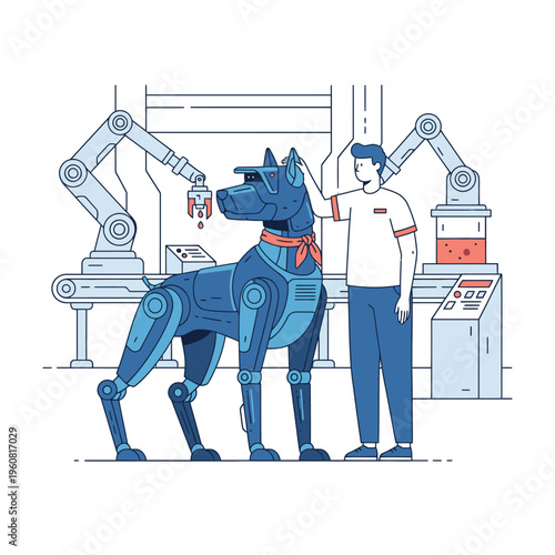 Futuristic robotic dog with human companion in advanced laboratory.