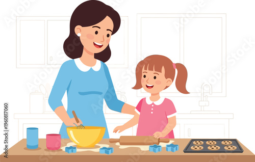 Mother and daughter happily bake cookies together in a kitchen setting using a bowl and rolling pin.