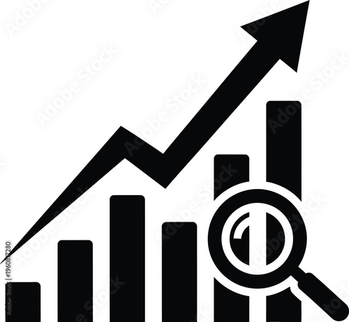 A black and white graph icon with a magnifying glass showing growth and analysis