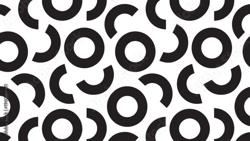 Minimalist circular ring and arc pattern in monochrome style featuring bold black geometric shapes on white